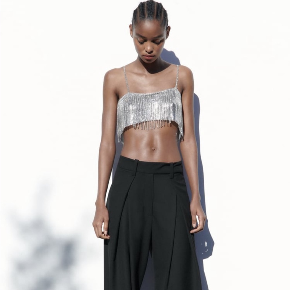 Zara Rhinestone Fringe Crop Top - Silver Size M